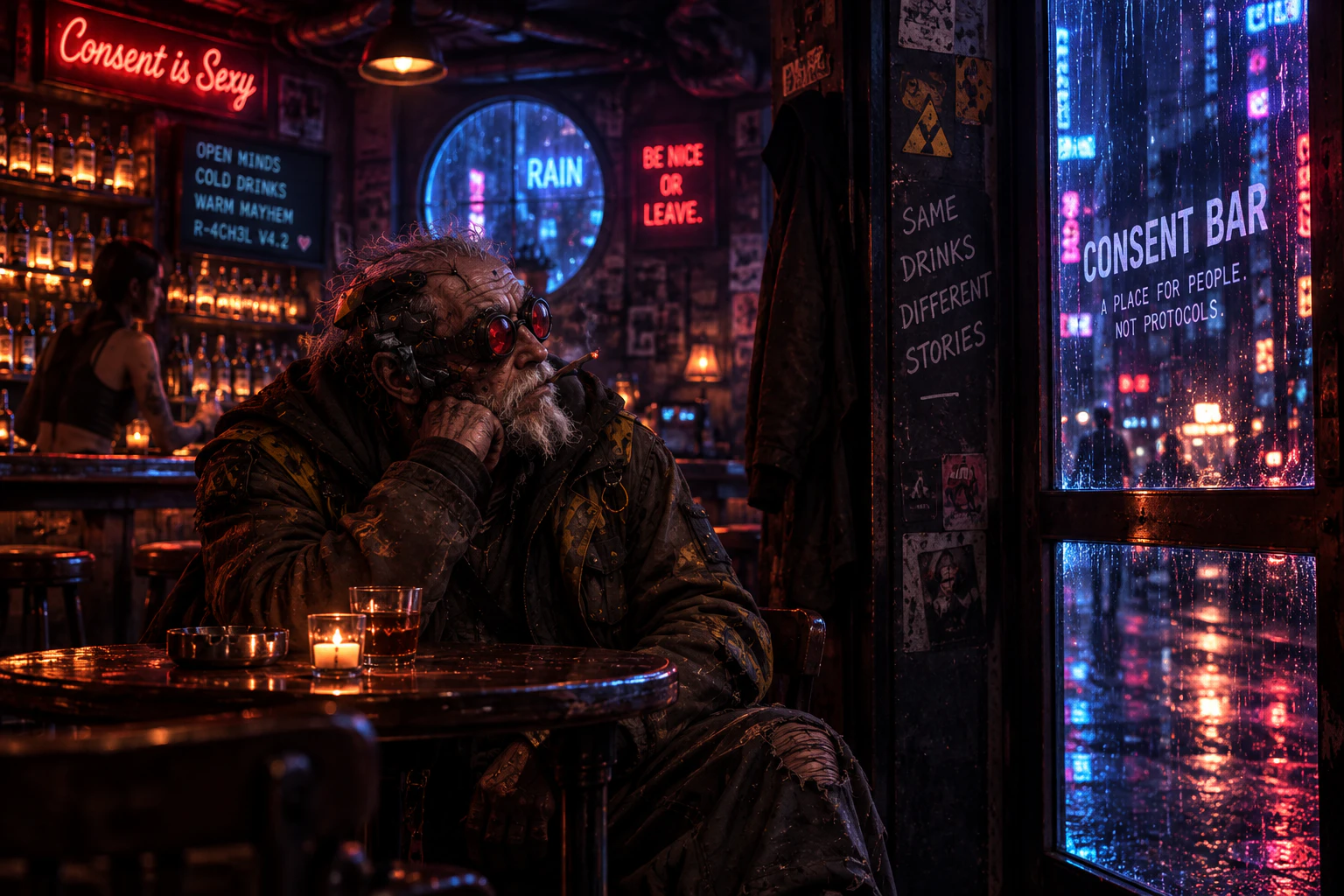 DumbTom sitting inside Consent Bar on a rainy night